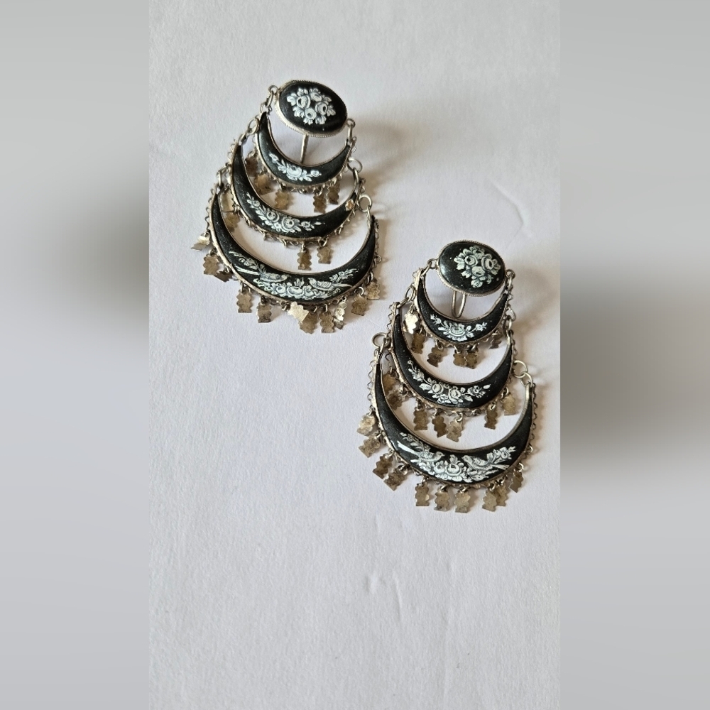 Persian Antique Earrings Sterling Chandellier Clip On Enamel - Picture 4 of 12